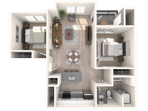 Floor plan for 2 beds, 1 bath, 839 sqft